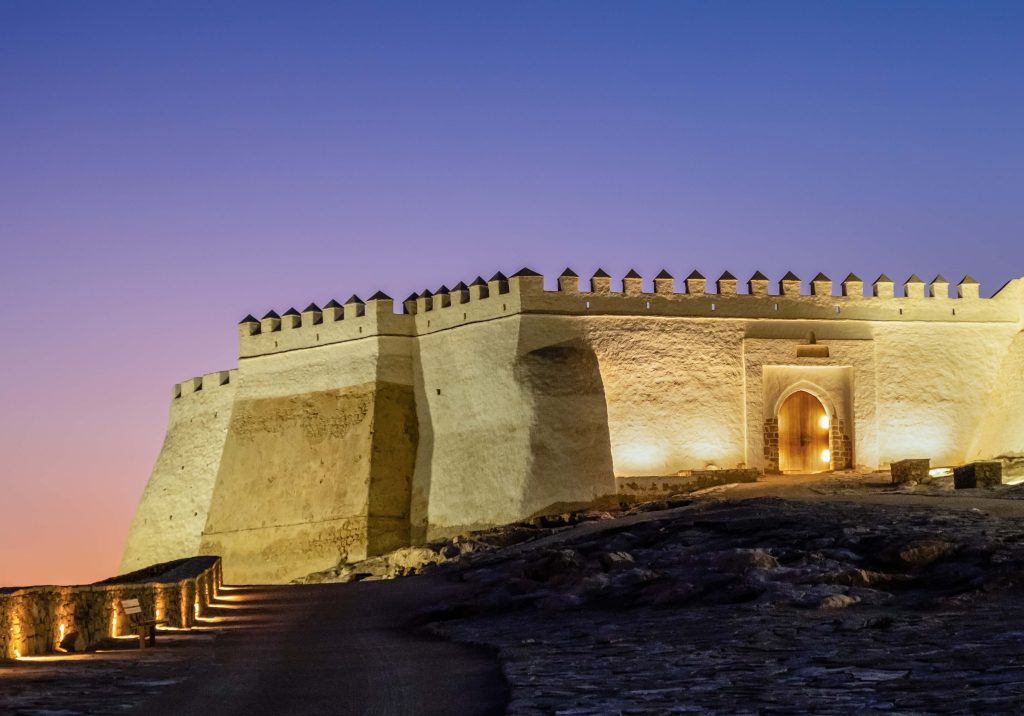 Rests of Agadir Kasbah or Oufla fortress in Agadir city in Morocco at sunset.