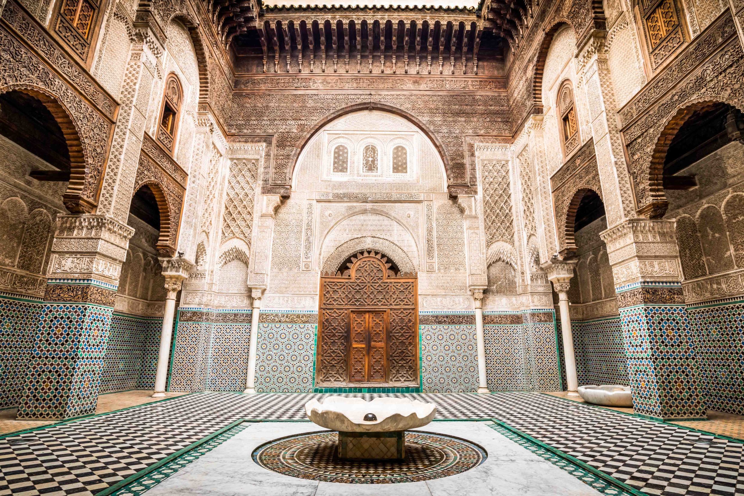 Al-Attarine Madrasa, Beautiful architecture of school in Fes old town, Morocco.