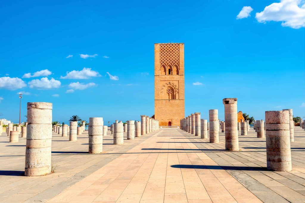 Hassan Tower the minaret of an incomplete mosque in Rabat, Morocco.