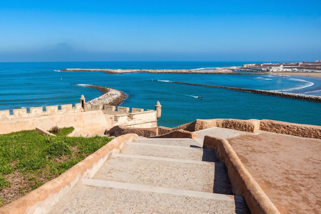 Rabat beach aerial panoramic view from the Kasbah of the Udayas fortress in Rabat in Morocco.